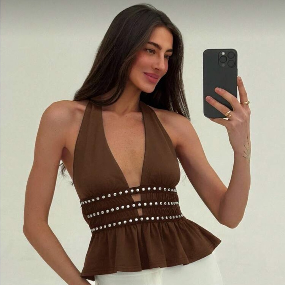 ASOS Black Studded Halter Crop Top - Picture 1 of 7